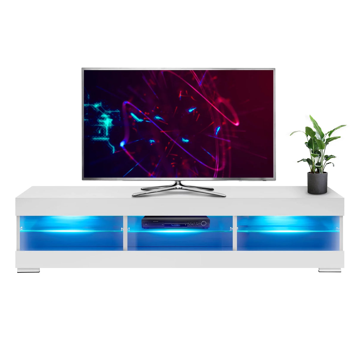 White TV Stand with LED Lights and Glass Shelf A281