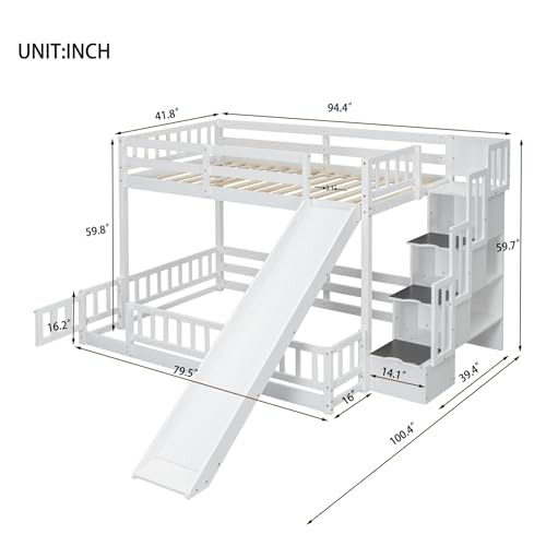White Twin Over Full Size Pine Wooden Bunk Bed with Slide M240791