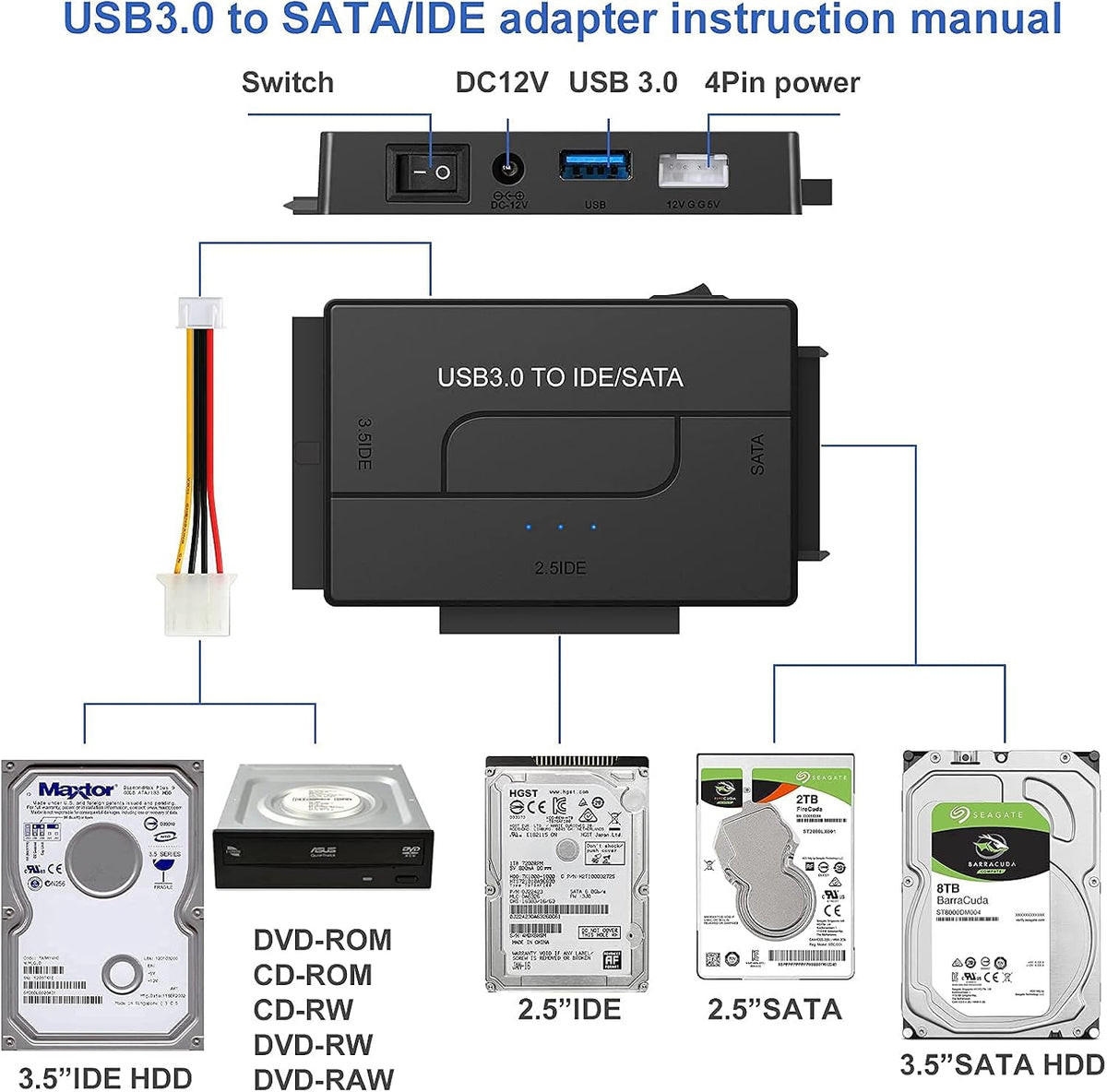 SATA IDE to USB 3.0 Adapter for 2.5 3.5-Inch HDD SSD with 12V 2A Power Supply Pack of 2 A298