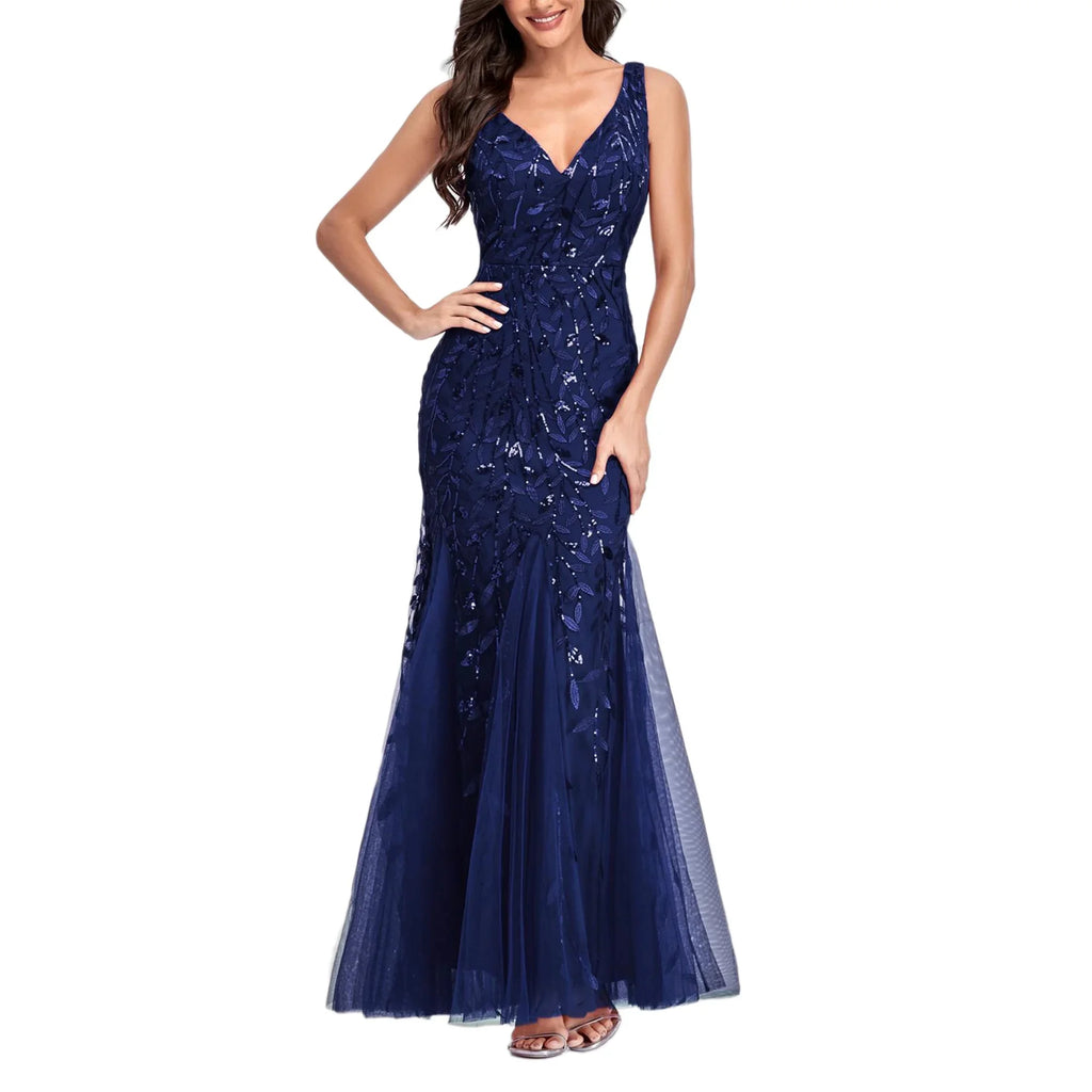 Sleeveless V-neck Tulle Embroidery Sequins Cocktail Mermaid Bridesmaid Dress J57844