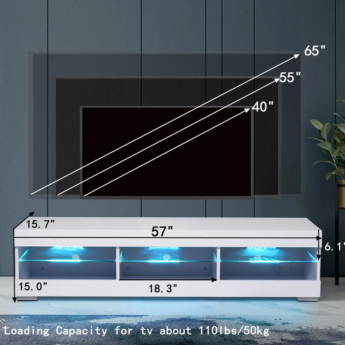 White TV Stand with LED Lights and Glass Shelf A281