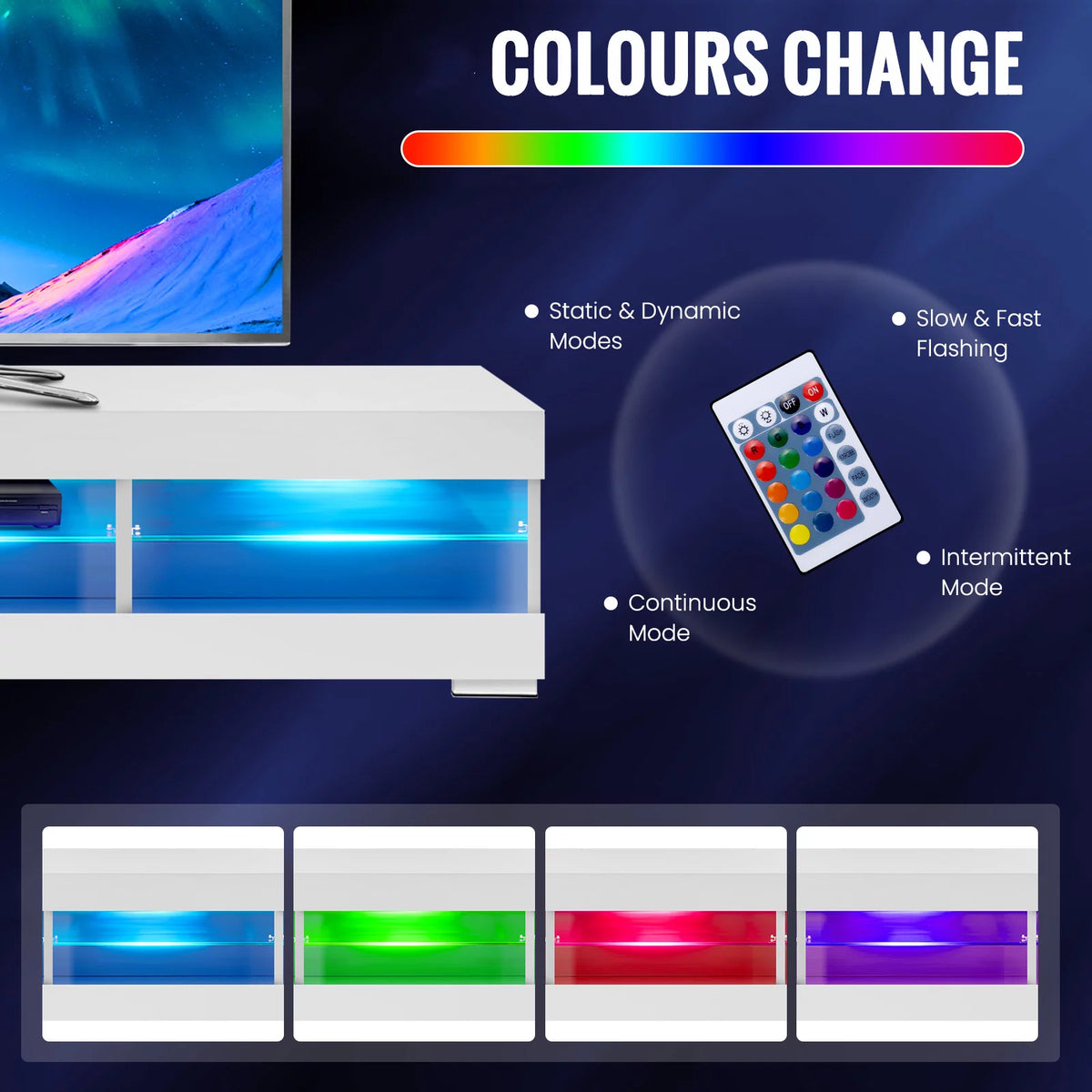 White TV Stand with LED Lights and Glass Shelf A281