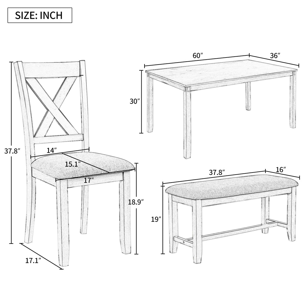 6-Piece Wooden Dining Table Set with 4 Chairs and Bench P9346