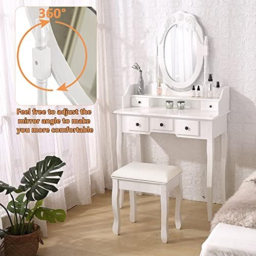 White Vanity Mirror Table Set with Stool E828839
