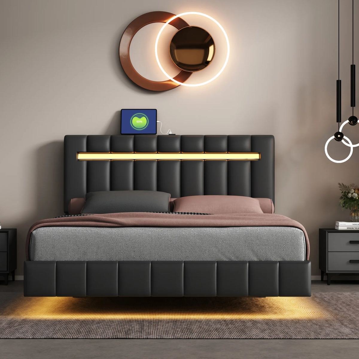 Queen Size Black Upholstered Platform Bed Frame with LED Lights S296570