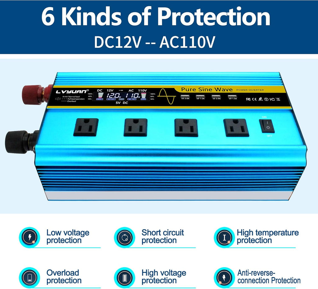 3000 Watt Pure Sine Wave Inverter 12V to 110V DC to AC with LCD Display 4 AC Sockets 4 USB Ports N7828