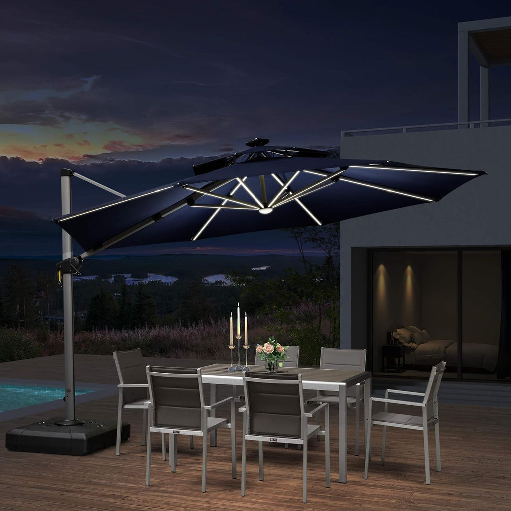11ft Solar Powered LED Patio Umbrella Navy Blue W468906