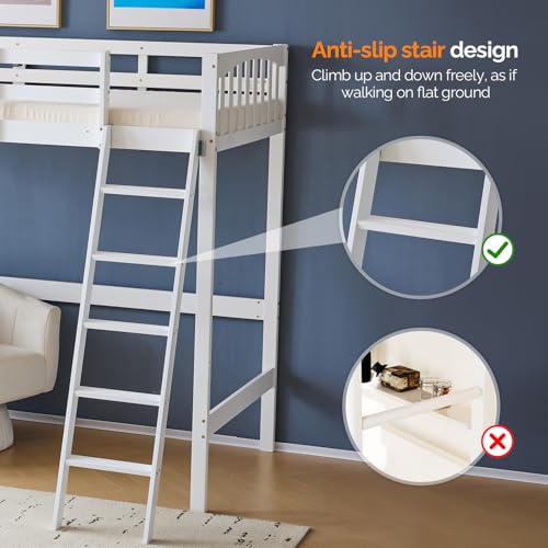 Twin Loft Bed with L-Shaped Desk and 3 Storage Drawers, Solid Wood, White Y616