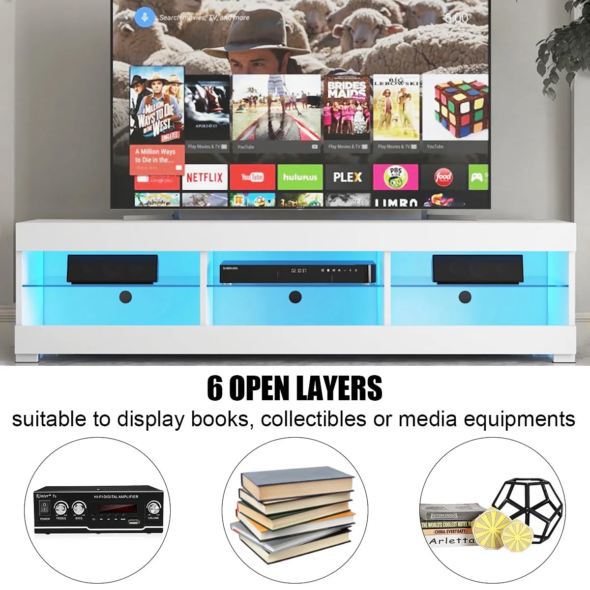 White TV Stand with LED Lights and Glass Shelf A281