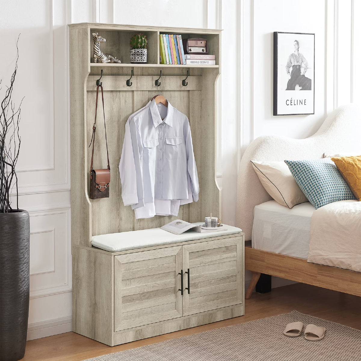 White Oak Entryway Bench with Coat Hooks and Storage Bench F814842