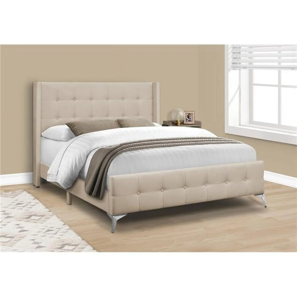 Beige & Chrome Queen Size Bed F4873
