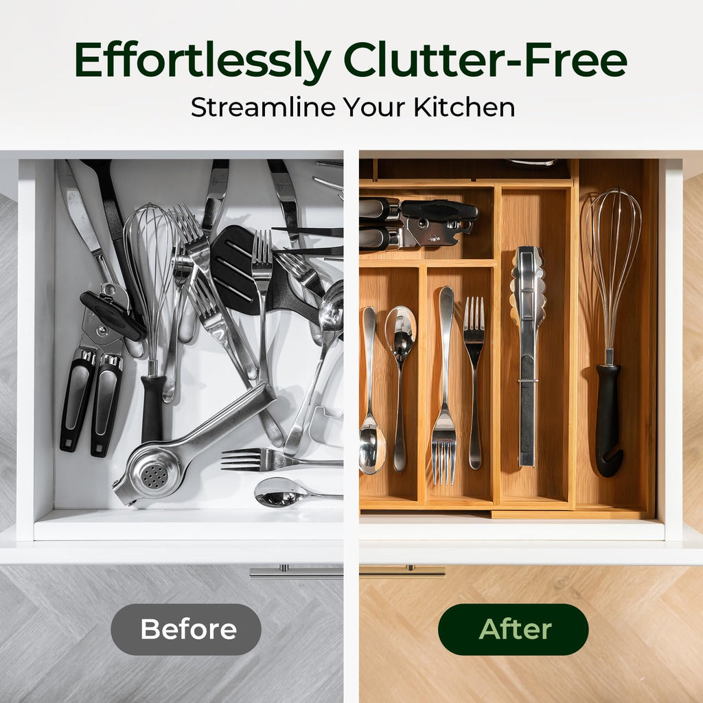 Bamboo Drawer Organizer, 10 Compartment Cutlery Tray, 2.2 Inch Deep M302782