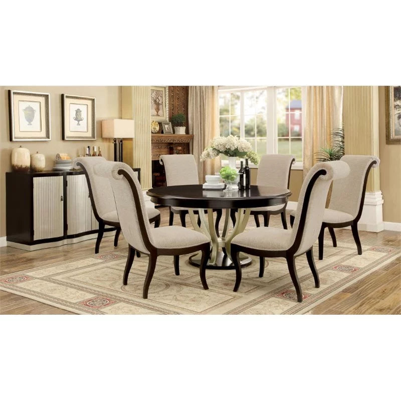 Espresso and Beige Fabric Side Chair Set of 2 E18719