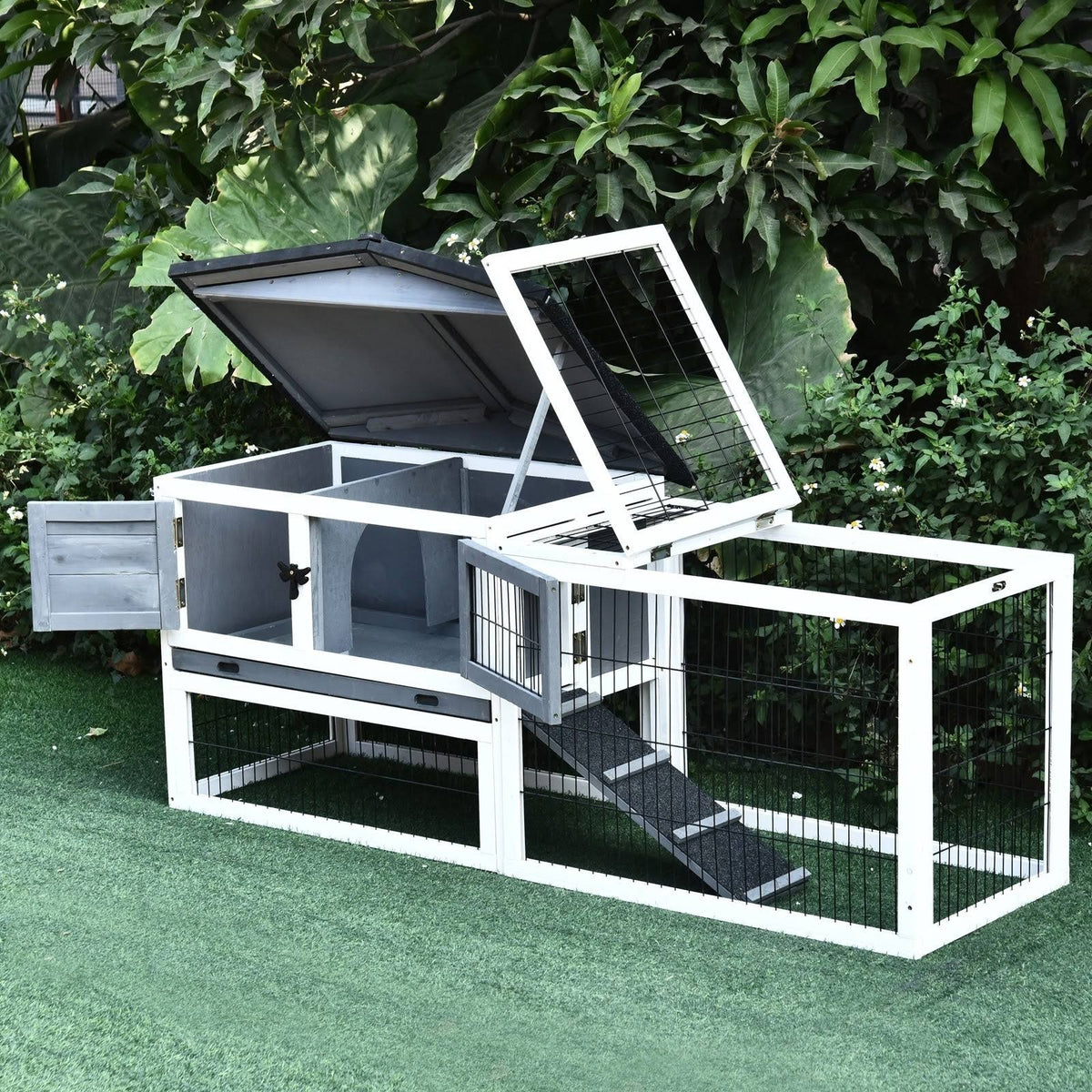 Solid Wood Rabbit Hutch with Black Metal Cage and Easy Clean Tray O183