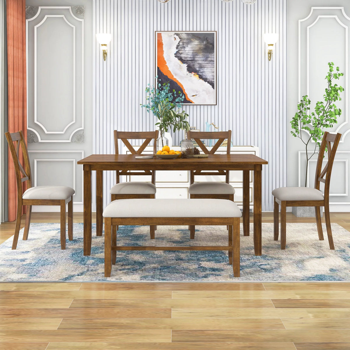 6-Piece Wooden Dining Table Set with 4 Chairs and Bench P9346
