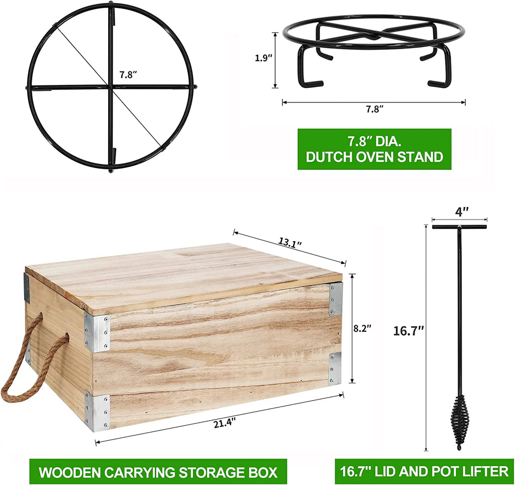 Pre-Seasoned Cast Iron Dutch Oven Cooking Set with Wood Box G704