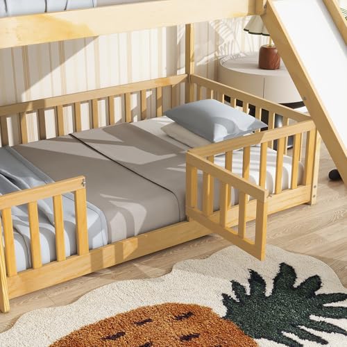 White Twin Over Full Size Pine Wooden Bunk Bed with Slide M240791