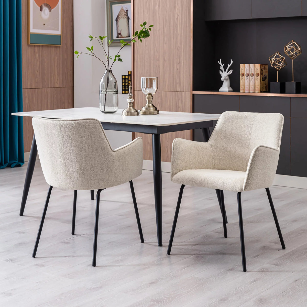 Beige Linen Upholstered Dining Chairs Set of 2 with Black Metal Legs R140