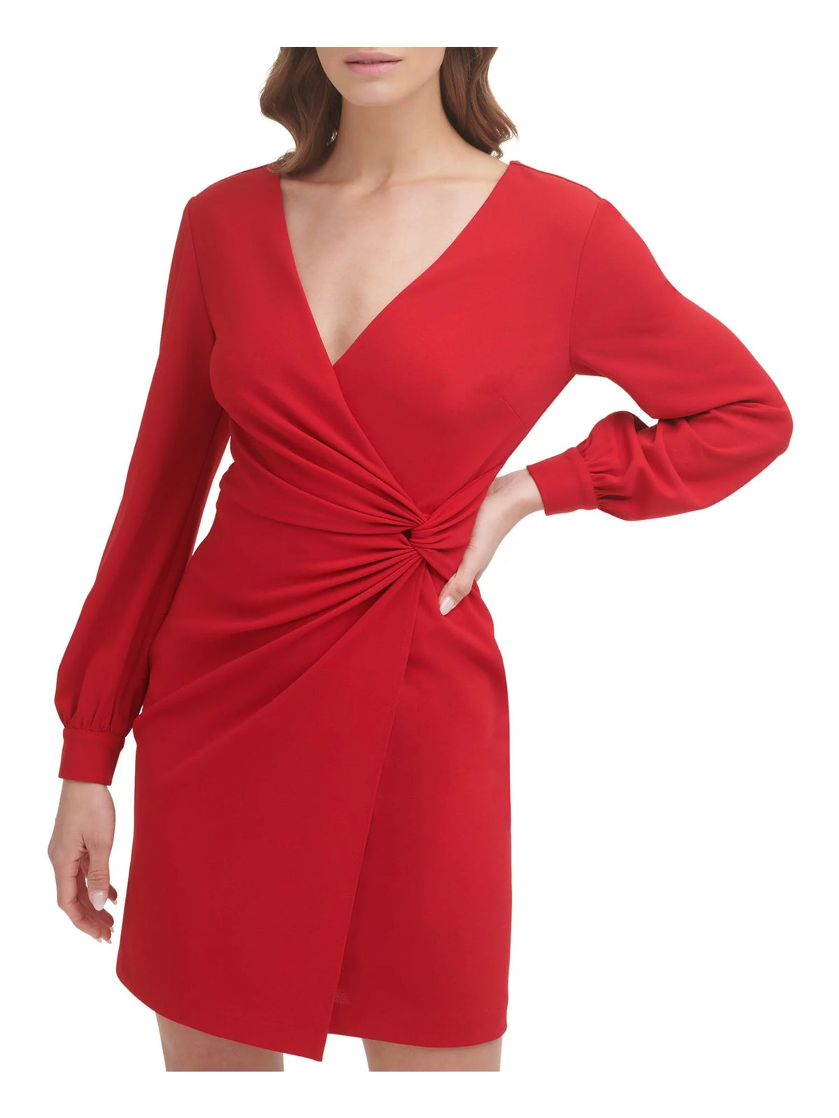 Red Long Sleeve Faux Wrap Dress E5343