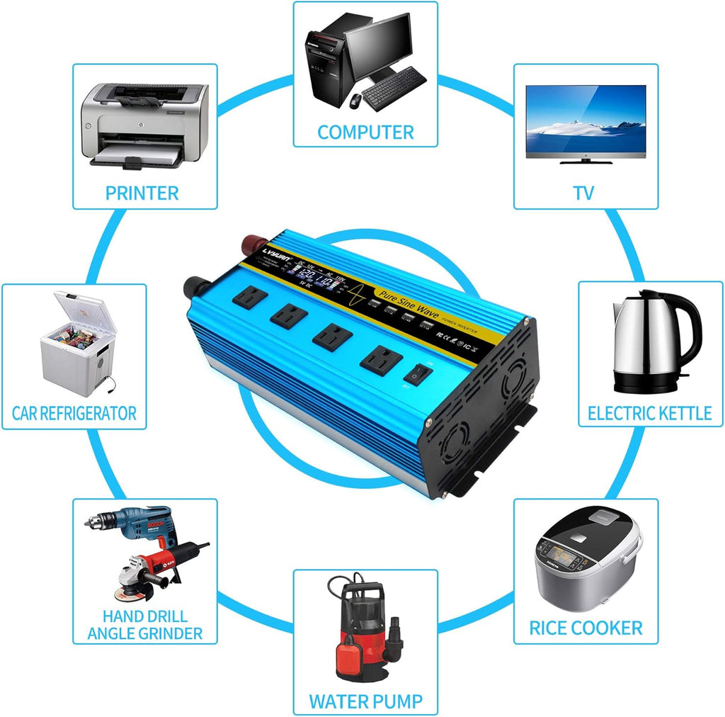 3000 Watt Pure Sine Wave Inverter 12V to 110V DC to AC with LCD Display 4 AC Sockets 4 USB Ports N7828