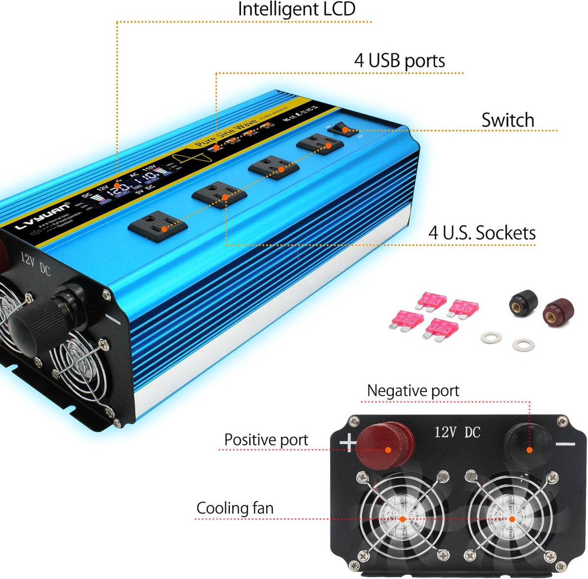 3000 Watt Pure Sine Wave Inverter 12V to 110V DC to AC with LCD Display 4 AC Sockets 4 USB Ports N7828