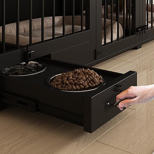 White 86.6" Heavy Duty Wooden Dog Kennel with Dog Bowl Drawers & Divider M272