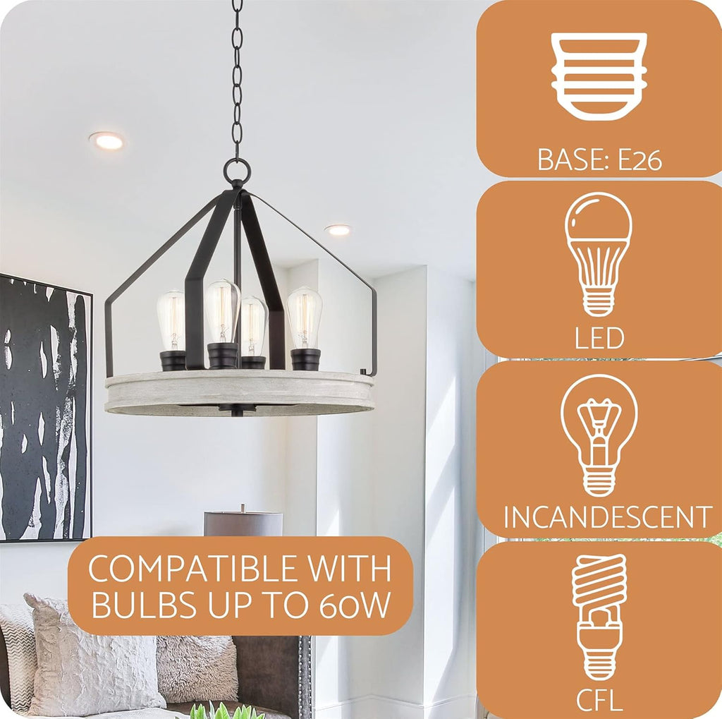 White Birch Wood Style Black Finish 4-Light Farmhouse Pendant Light Z4568