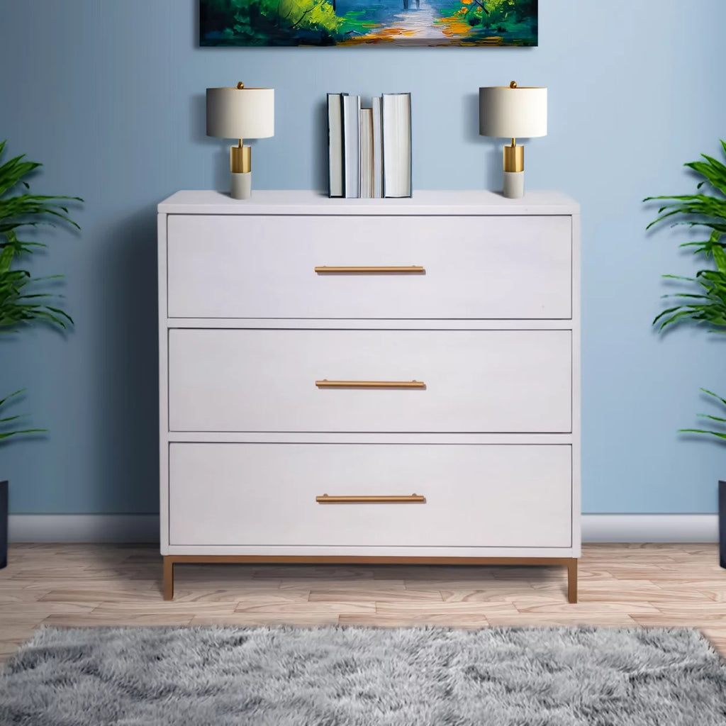 34 Inch 3 Drawer Wooden Chest with Metal Base J55145