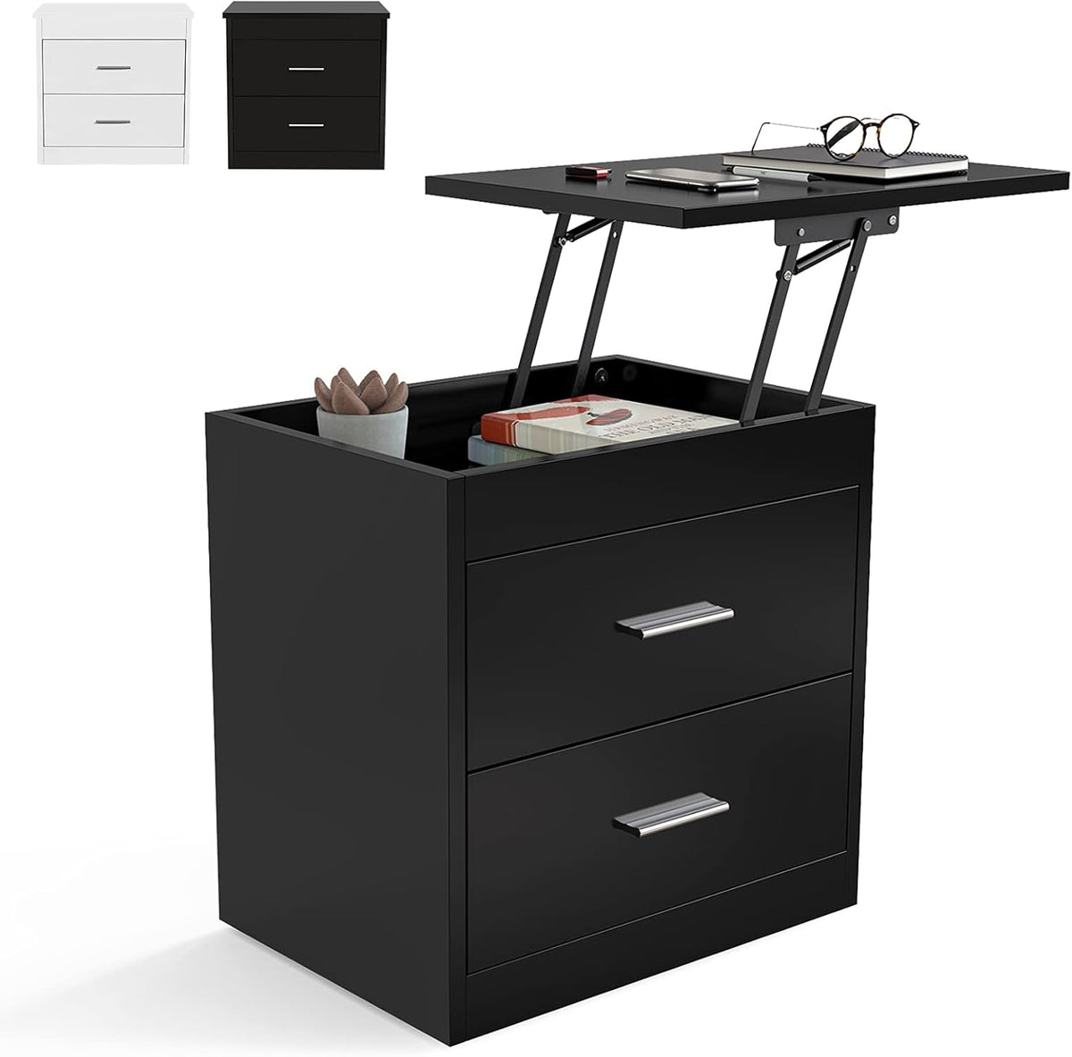 Black Lifting Top Nightstand with 2 Drawer Storage P80834