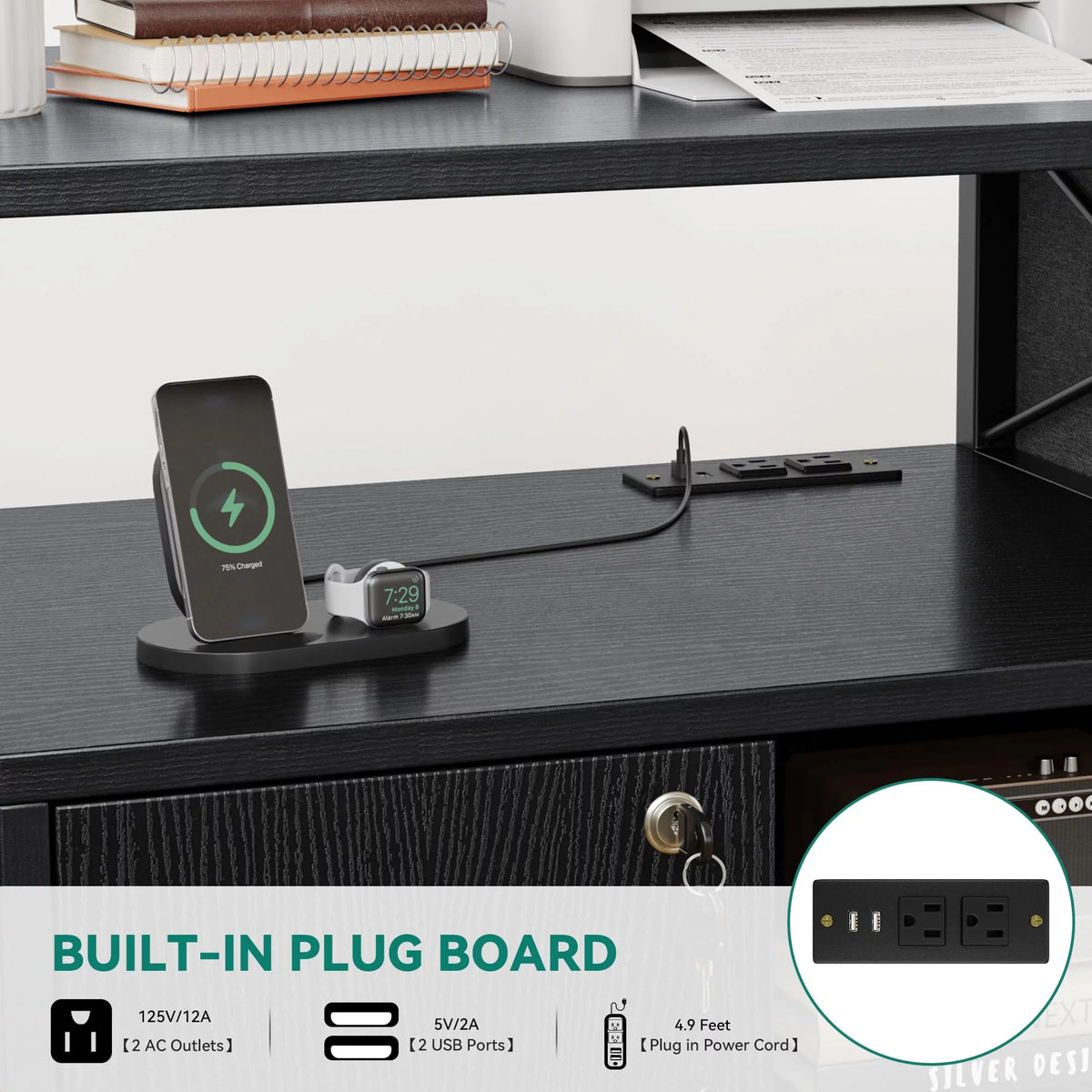 Black Lateral File Cabinet with Charging Station W655