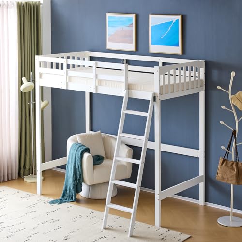 Twin Loft Bed with L-Shaped Desk and 3 Storage Drawers, Solid Wood, White Y616