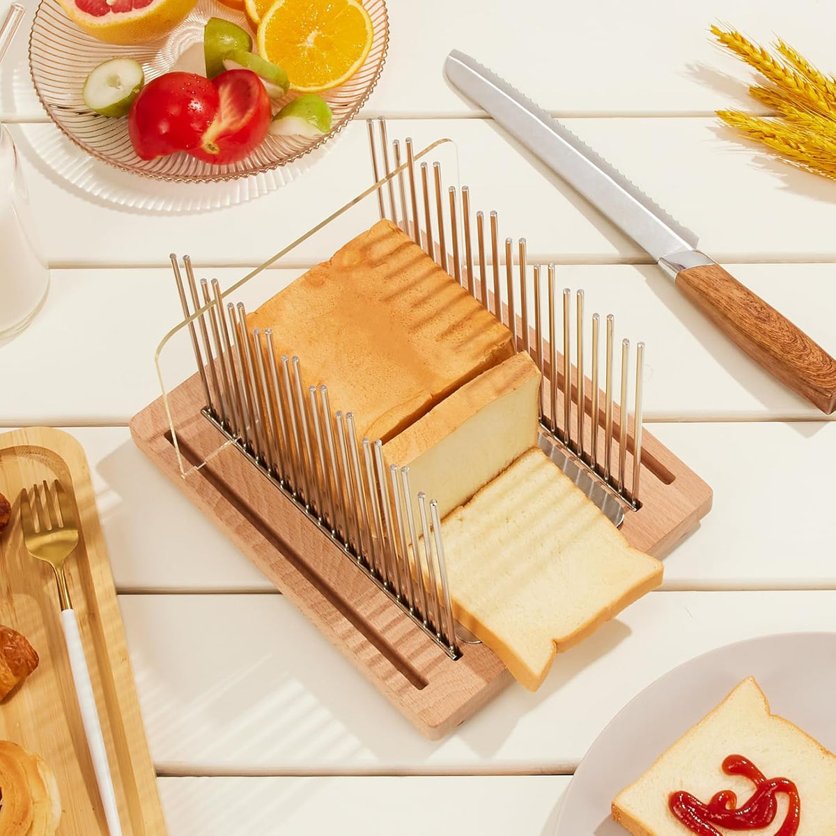 Stainless Steel Bread Slicer Guide with Beechwood Bread Cutting Board V72057