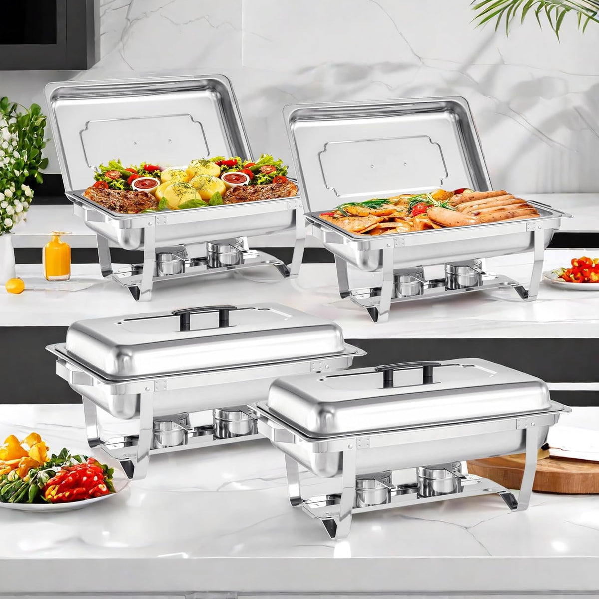 8 Quart Stainless Steel Chafer Buffet Set - 4 Pack H465