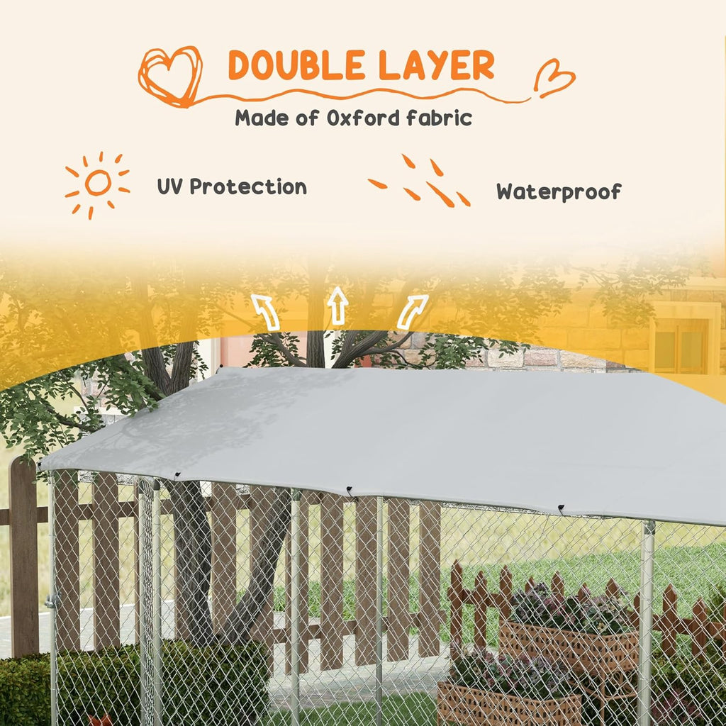 Large Heavy Duty Dog Kennel with Waterproof Cover, Galvanized Chain Link, 19.7' x 7.5' x 7.5' L783