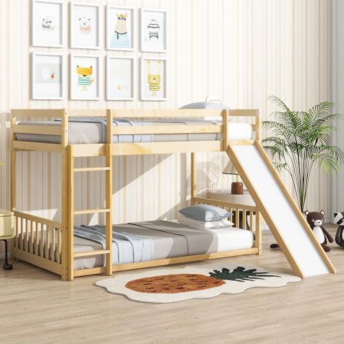 White Twin Over Full Size Pine Wooden Bunk Bed with Slide M240791