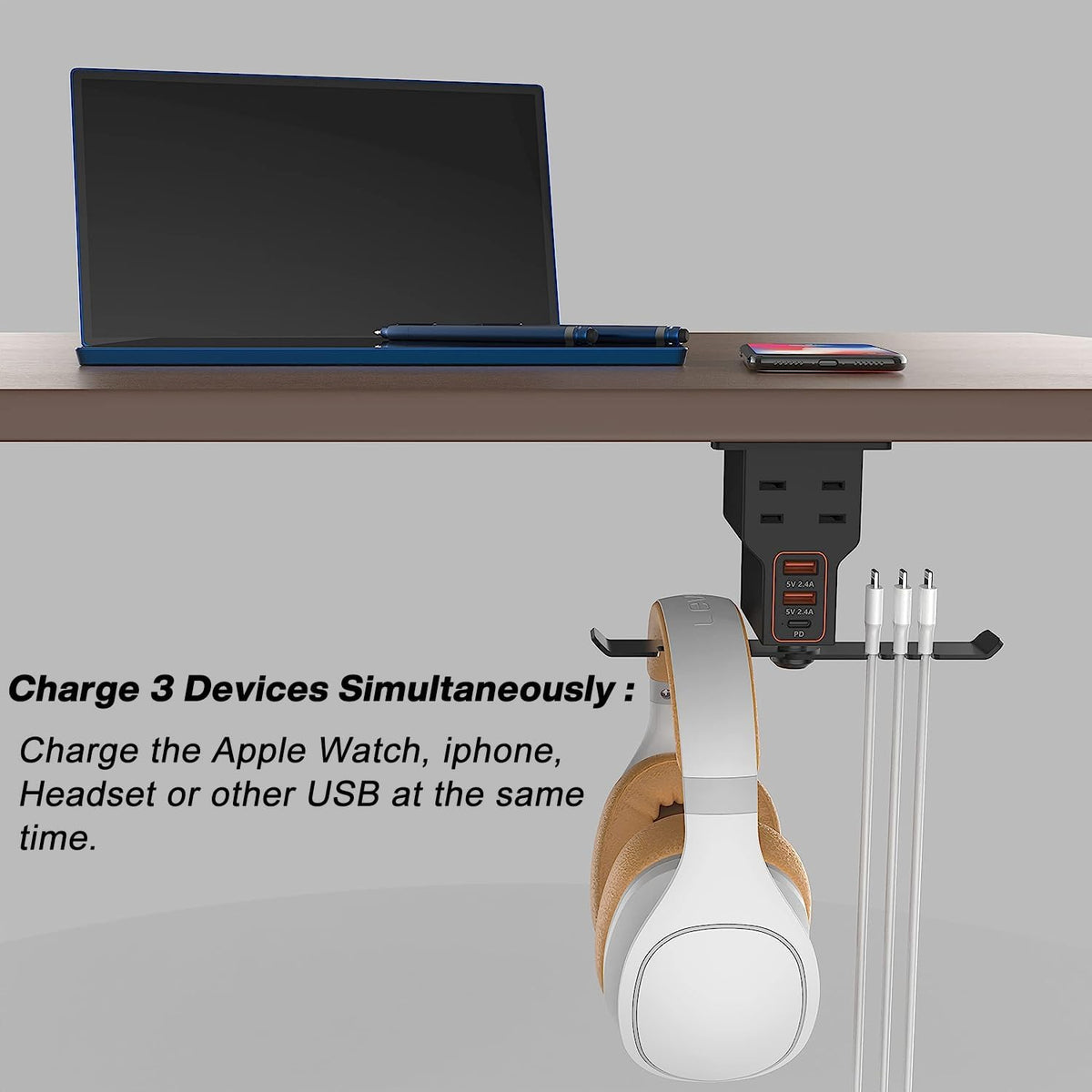 Headphone Stand with 2 USB A Charging Port AC Outlets Headset Hanger Charging Station I488097