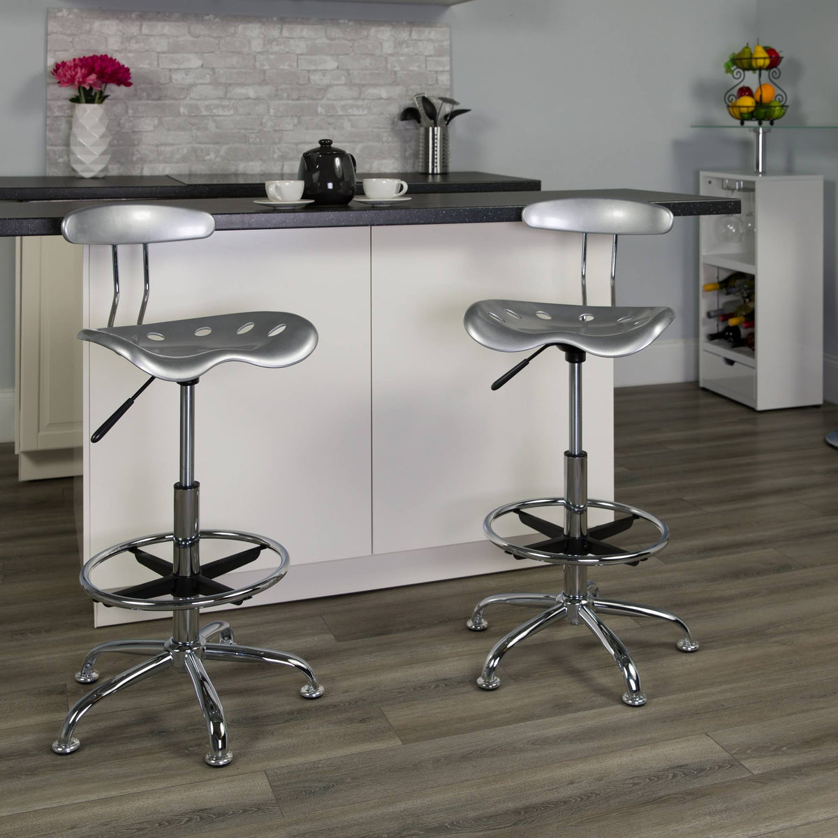 Silver and Gray Swivel Drafting Stool with Foot Ring W22532