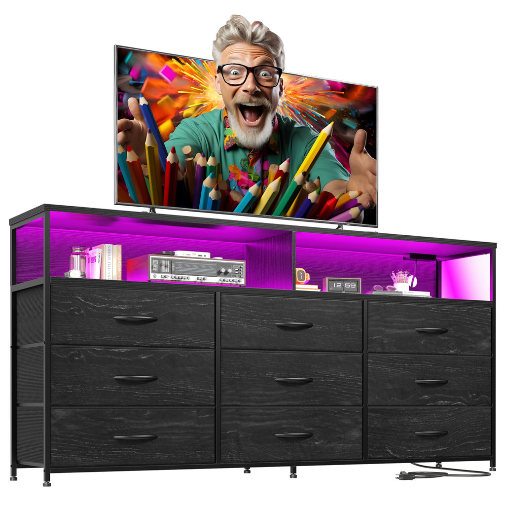 Black Dresser TV Stand with 9 Fabric Drawers & Power Outlet J4003
