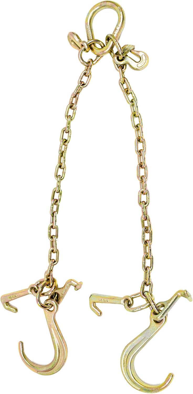 5/16'' x 3' G70 V-Chain Bridle with 8" Medium J Hooks, T-Hook & J-Hook with Grab Hooks, 4700 lbs WLL, Pack of 2 D2682