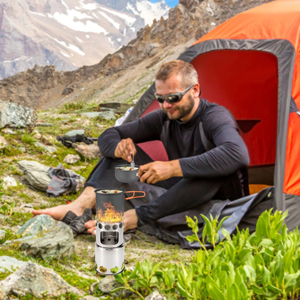 Outdoor Cooking Utensils Set with Camping Stove Lightweight Aluminum Pot and Stainless Steel Cutlery I531