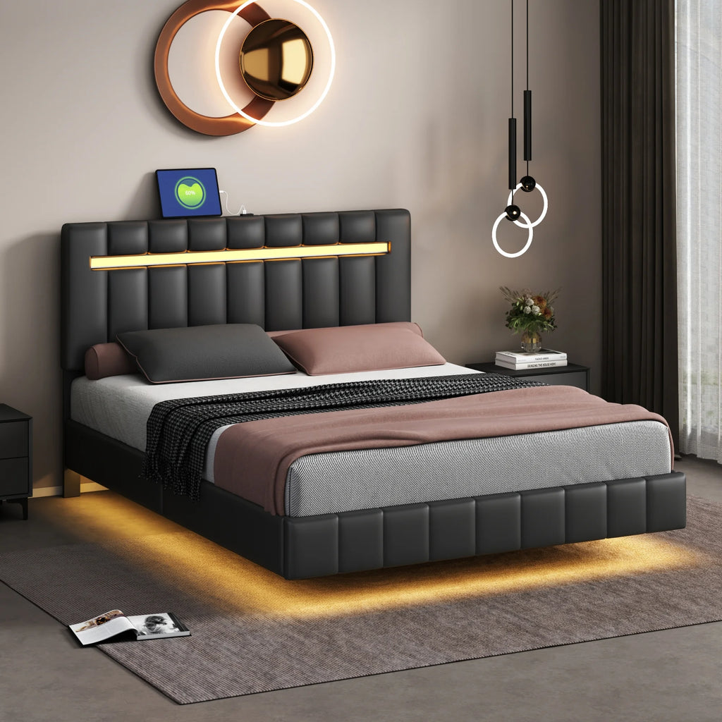 Queen Size Black Upholstered Platform Bed Frame with LED Lights S296570