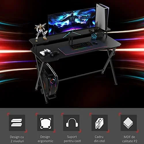 55 Inch Black Gaming Desk with Monitor Stand T365