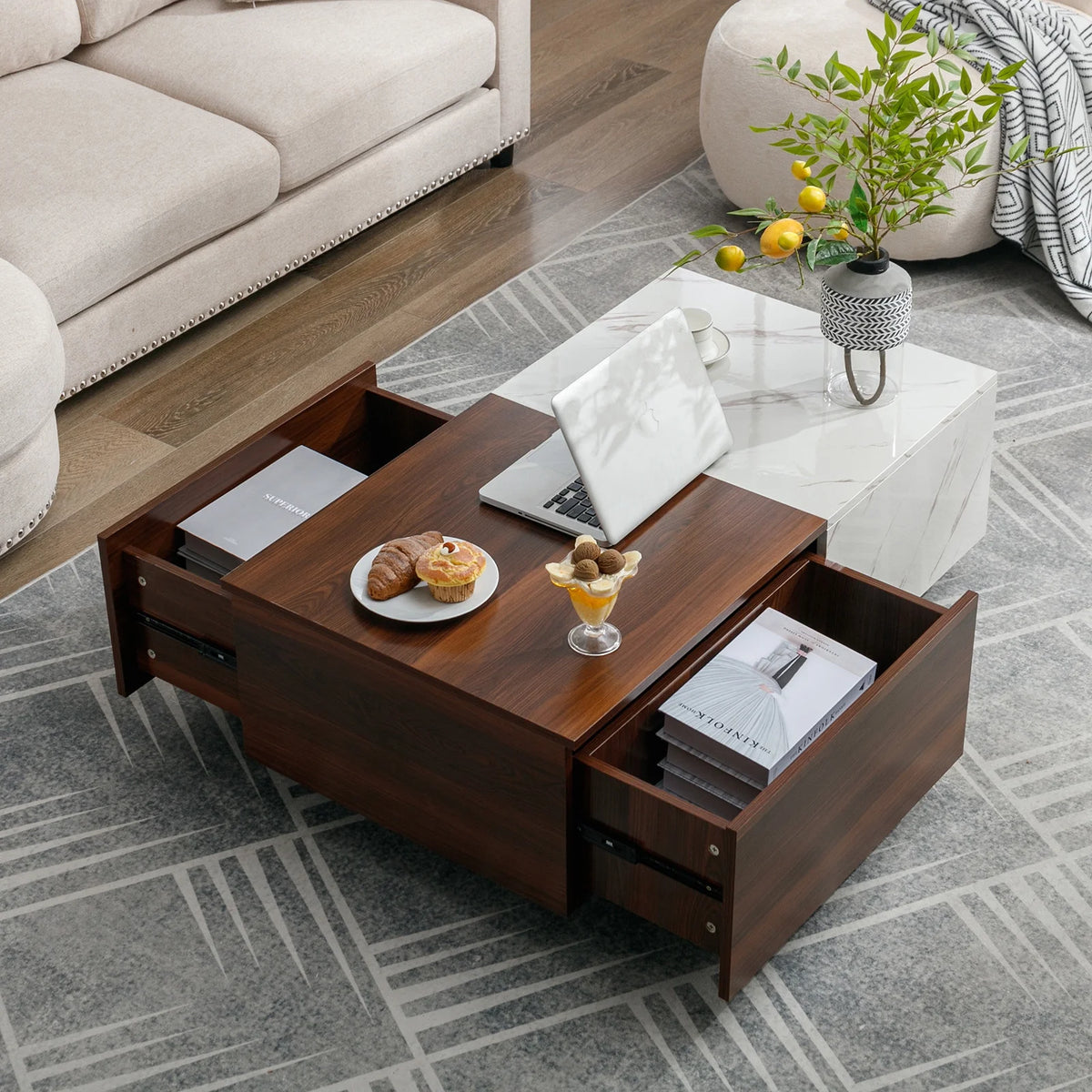 Walnut and Marble White Coffee Table with 2 Storage Drawers H2273