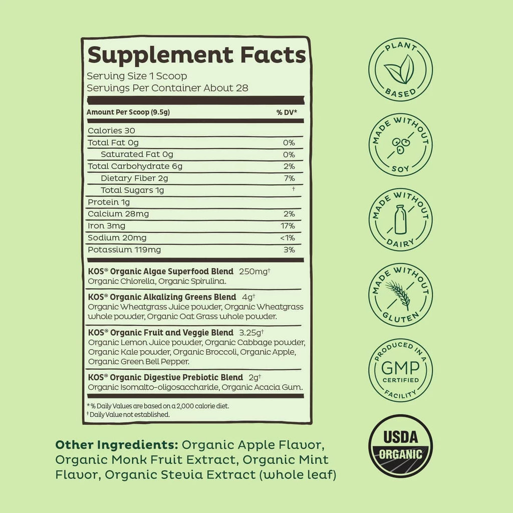 USDA Organic Super Greens Powder with Spirulina, Chlorella & Wheatgrass, Green Apple Sorbet Flavor, 28 Servings N631