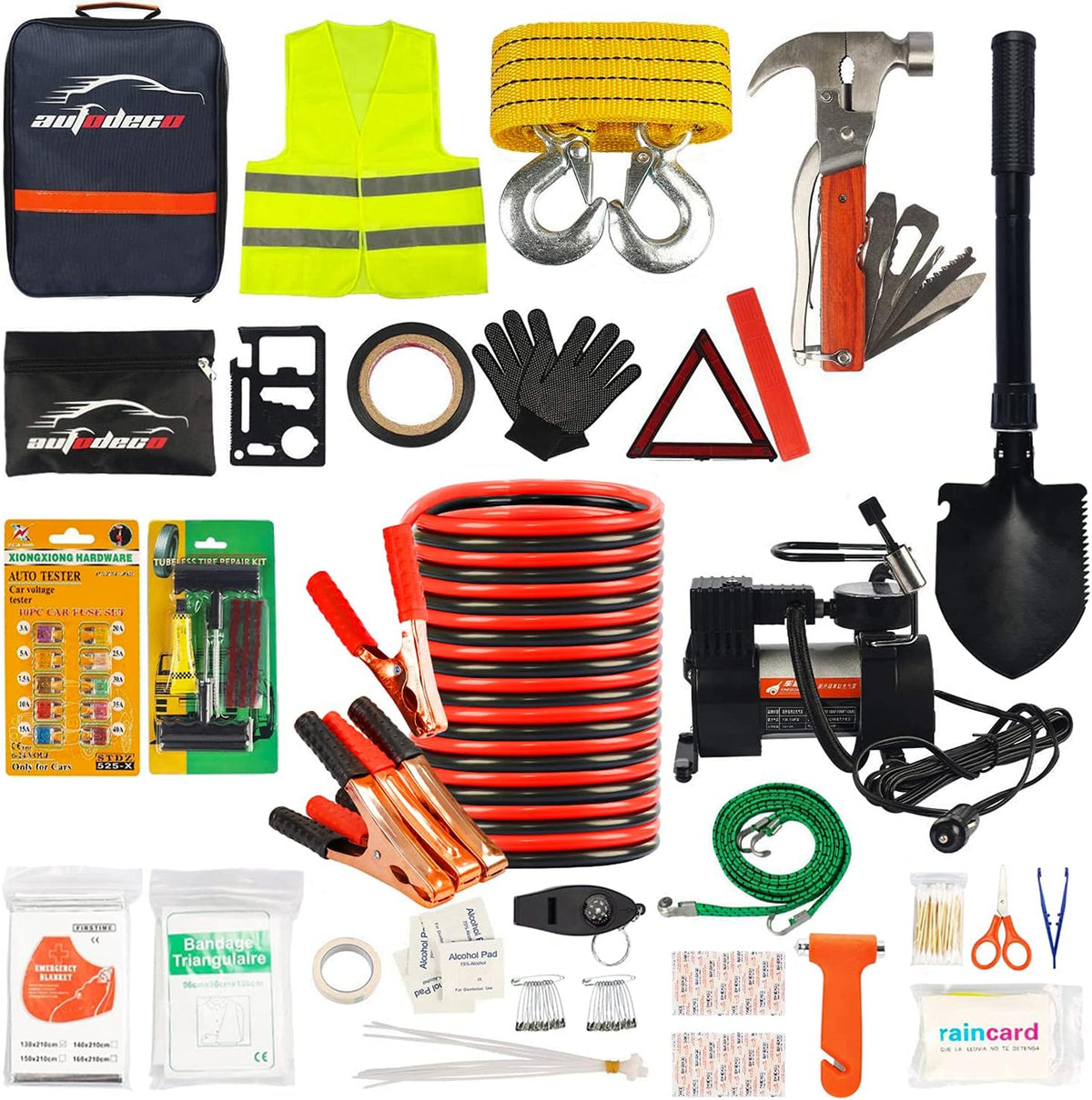 118-Piece Car Roadside Emergency Kit with Jumper Cables Portable Air Compressor Tow Strap Hammer Shovel D232343