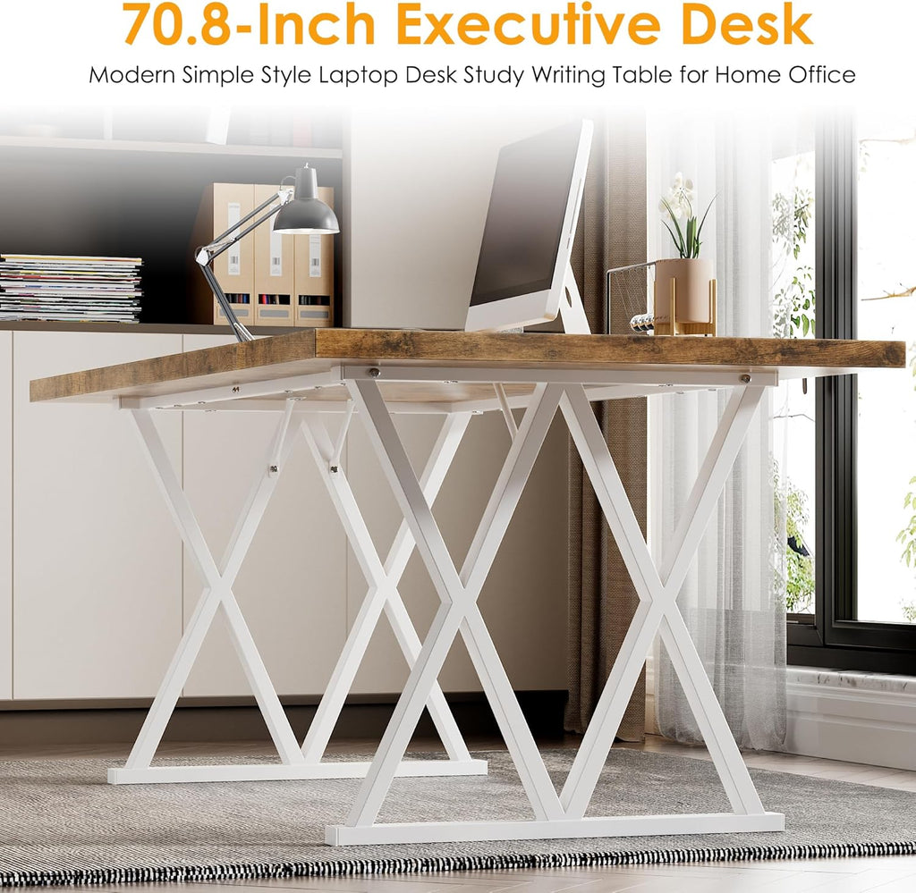 70.8 Inches Large Executive Desk with X Shaped Metal Legs & Adjustable Feet G834