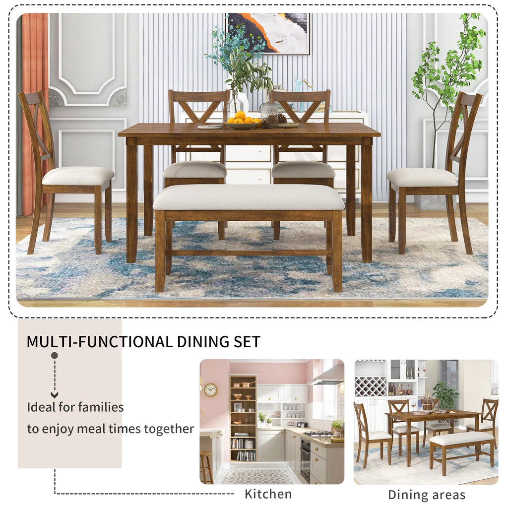 6-Piece Wooden Dining Table Set with 4 Chairs and Bench P9346