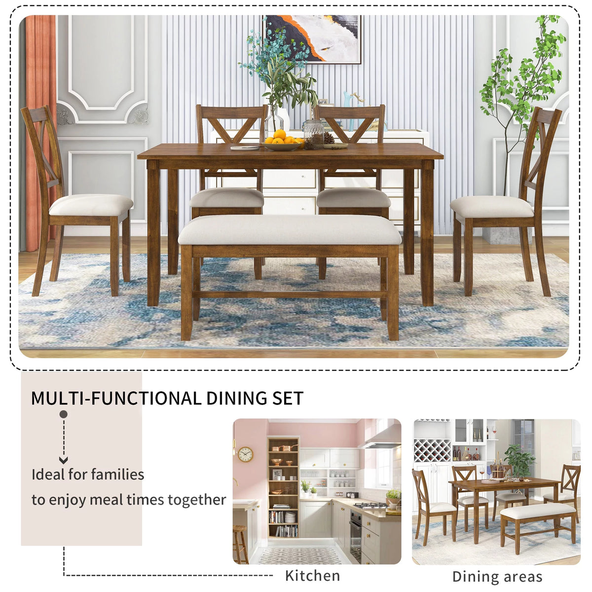 6-Piece Wooden Dining Table Set with 4 Chairs and Bench P9346