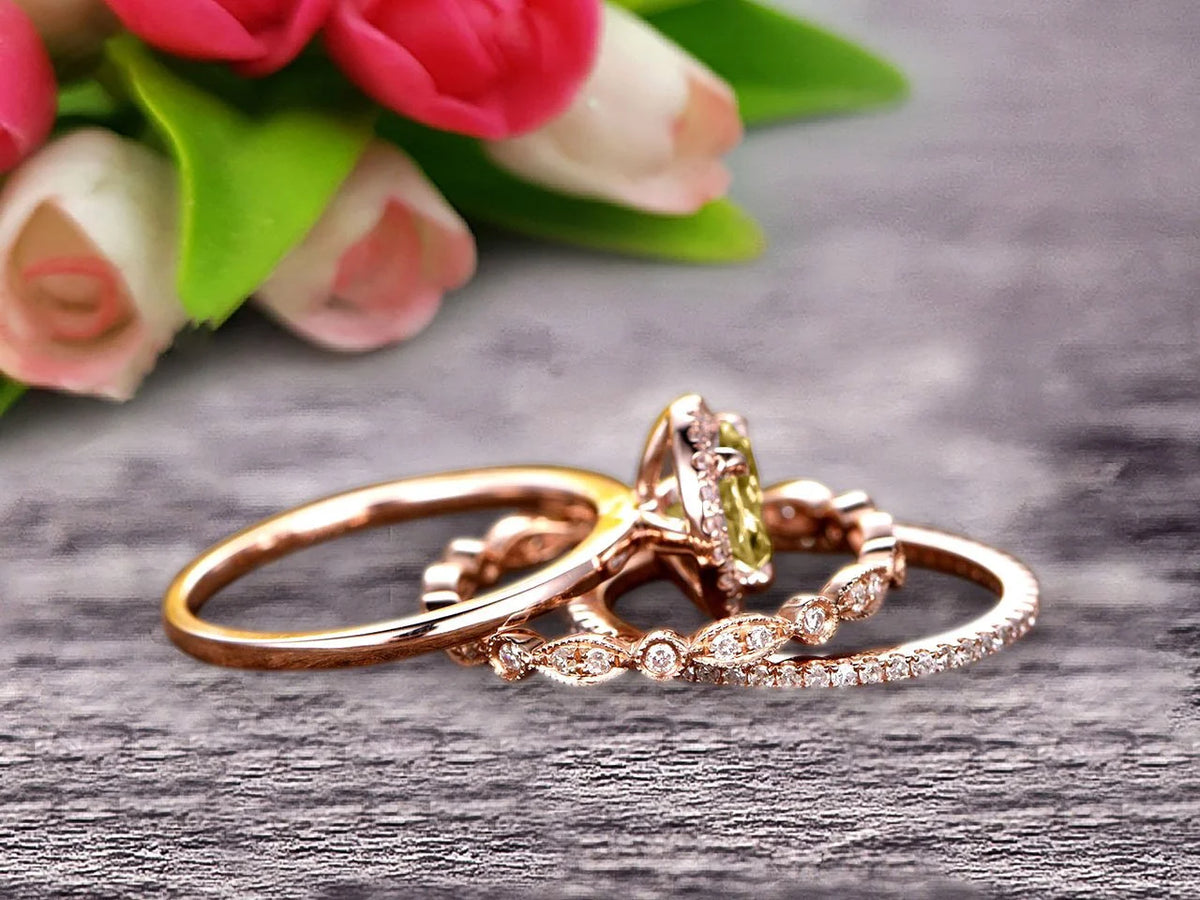 10k Rose Gold Art Deco 2.25 Carat 6mm Round Cut Champagne Diamond Moissanite Wedding Ring Set Matching Band E208