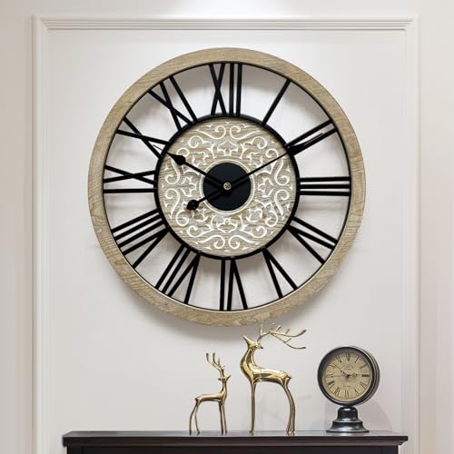 24 in Round Carved Wooden Wall Clock F15203